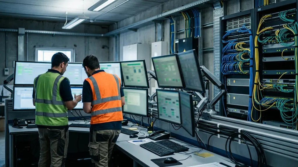 REIG engineer reviewing BESS firmware update process at a utility-scale solar substation control house