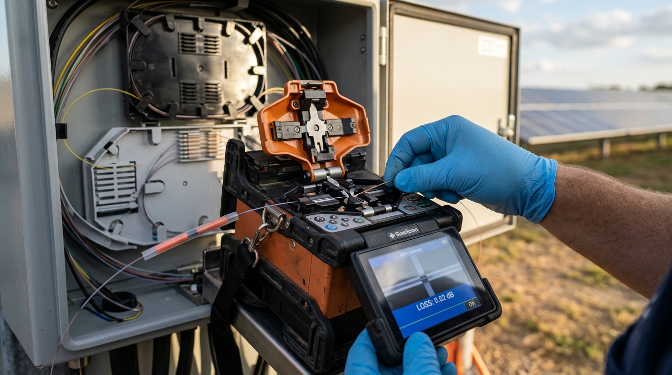 Fusion splicer showing 0.02 dB splice loss reading on single-mode fiber at a solar farm junction box during fiber optic installation solar farm acceptance