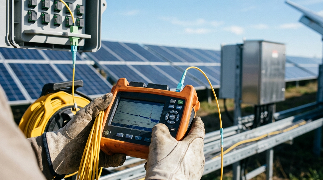 Fiber optic installation solar farm OTDR testing in progress with handheld OTDR, yellow single-mode patch cord, and launch cable reel at a combiner box