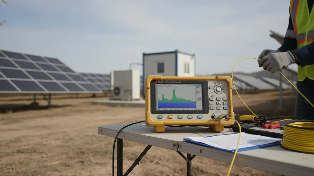 Field engineer capturing an OTDR baseline trace on a utility-scale solar plant fiber backbone