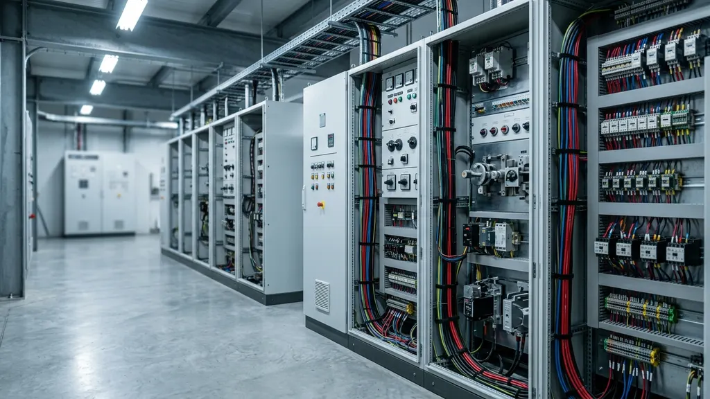 IEC 61850 solar substation relay panel with fiber process bus cabling replacing hardwired copper trips at a utility-scale POI switchyard
