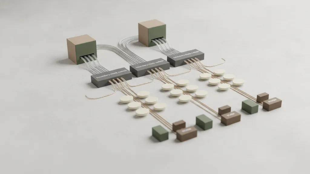 Utility-scale solar plant PTP time synchronization topology diagram showing dual grandmaster clocks, boundary clock switches, and transparent clocks feeding SCADA and protection relays