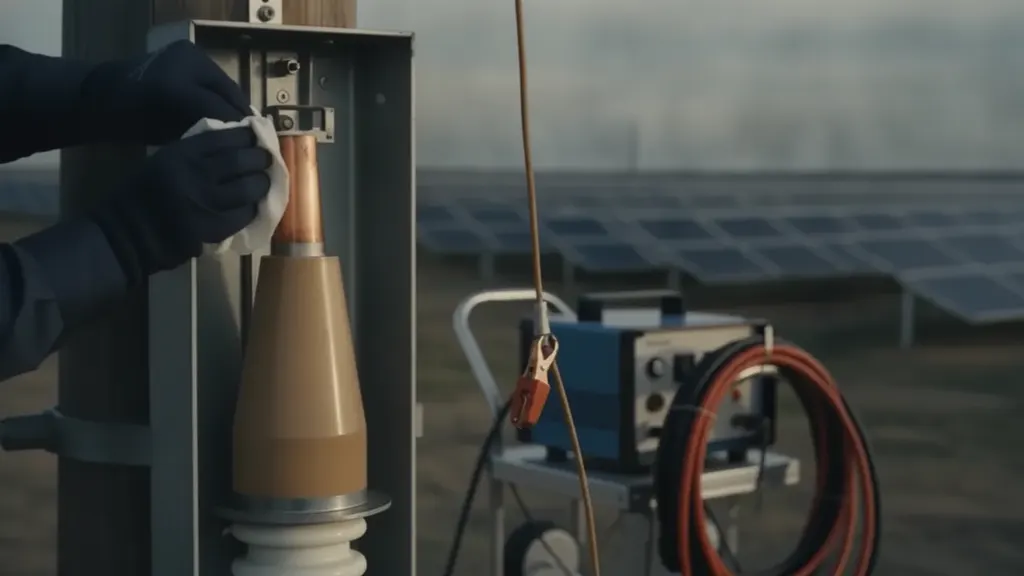 Technician connecting a very low frequency test set and tan delta bridge to a 34.5 kV solar collector cable termination