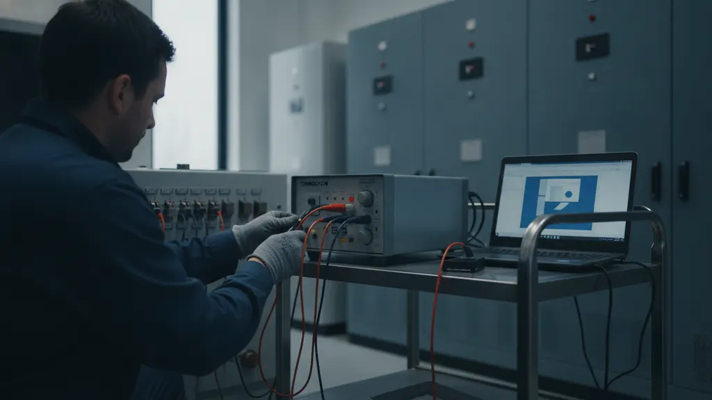 Commissioning technician performing secondary injection relay testing at a utility-scale solar substation with an OMICRON test set