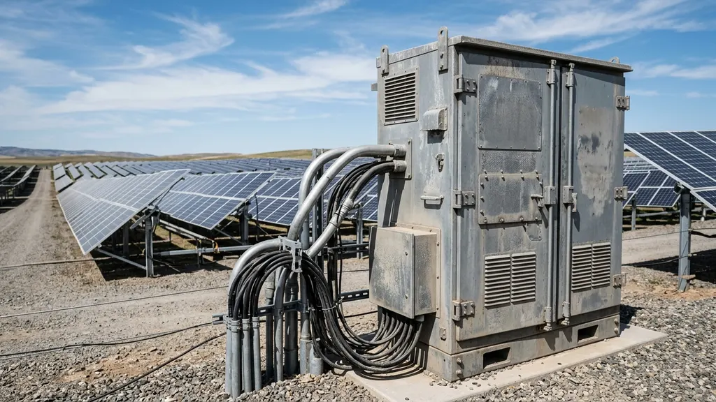 Utility-scale solar plant SCADA control room showing curtailment dashboard with real-time generation data