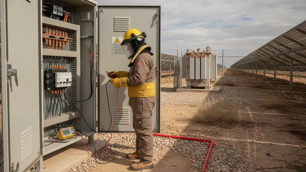 Utility-scale solar farm DC combiner box with arc flash hazard labeling and PPE zoning diagram