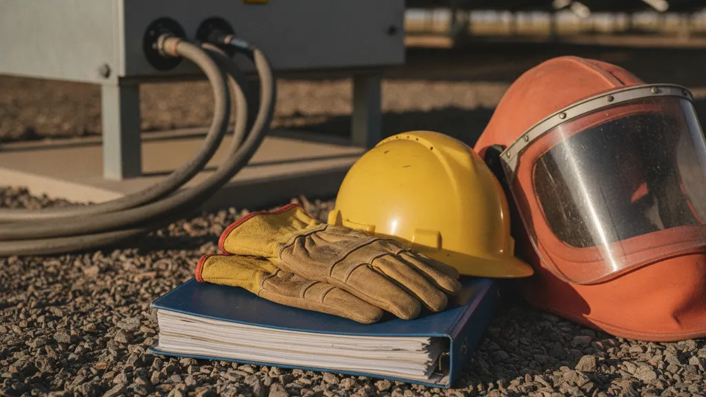 Solar farm PPE station with Category 3 arc flash rated suits face shields and rubber insulating gloves organized by NFPA 70E task category with ATPV ratings tagged on each garment