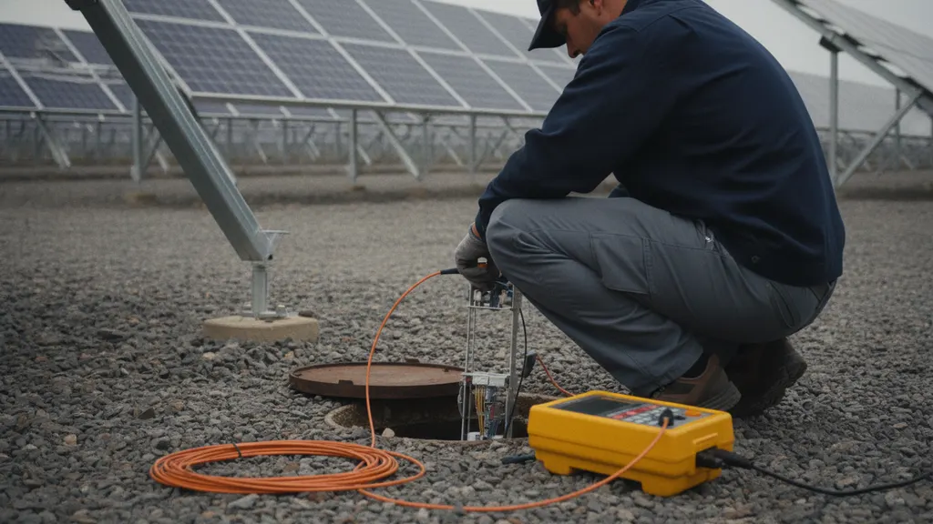 Technician running a bidirectional OTDR trace on the single-mode fiber backbone at a utility-scale solar farm combiner skid