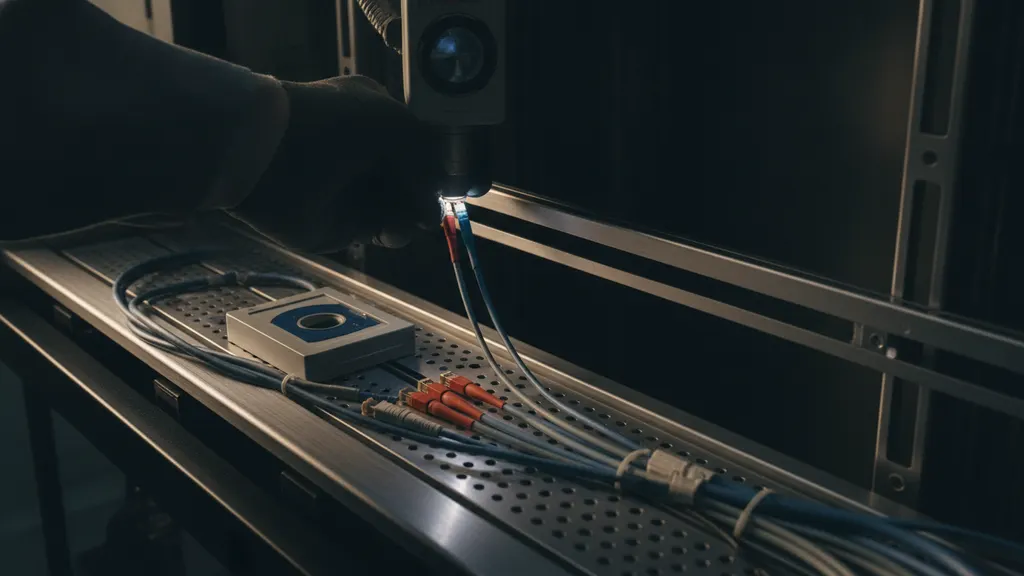 Fiber optic connector end-face inspection under a video microscope during solar plant SCADA commissioning in the control building