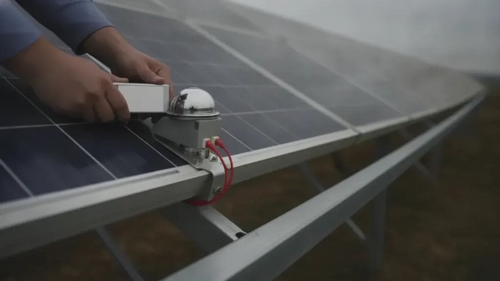 Technician checking a plane-of-array irradiance sensor and pyranometer mounting on a utility-scale solar met station
