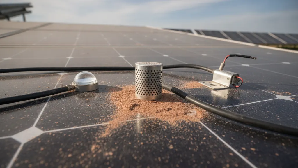 Reference cell soiling station on a utility-scale solar farm with clean and naturally soiled twin modules