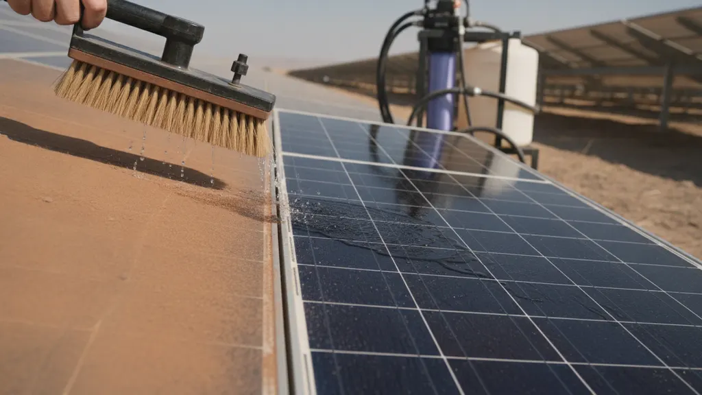 Truck-mounted pressurized deionized water cleaning crew working a tracker row at a Southwest utility-scale solar farm