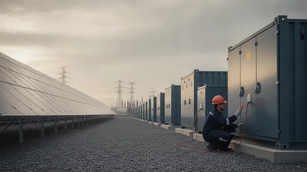 Technician in arc-rated PPE racking a medium-voltage breaker inside a utility-scale solar collector substation during energized work