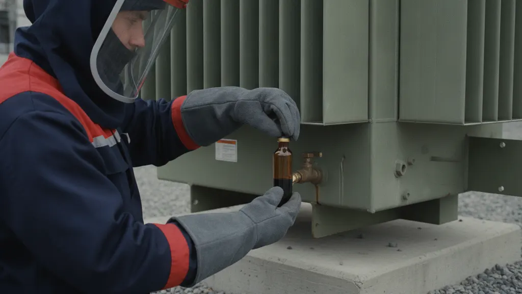 Field technician drawing an oil sample from a utility-scale solar collection substation transformer for dissolved gas analysis