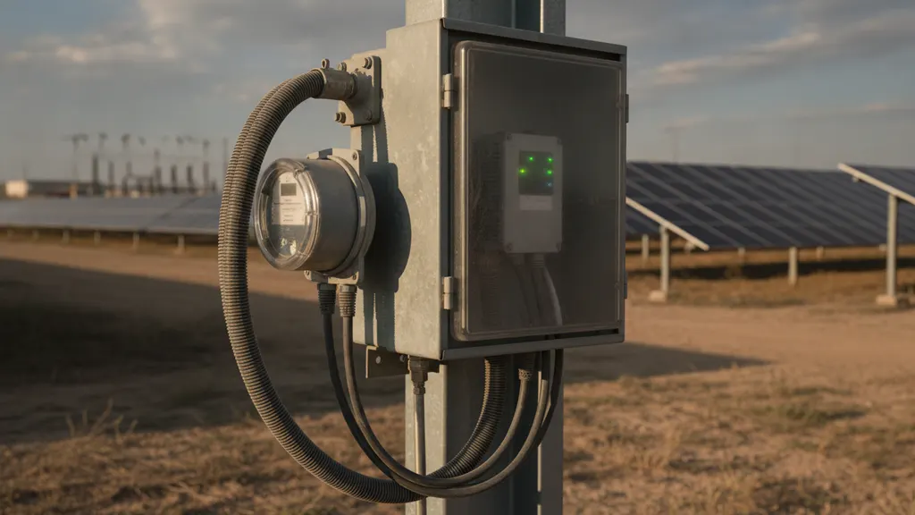 SCADA operator display showing 15-minute interval reconciliation between revenue meter registers and inverter-level generation totals at a utility-scale solar plant