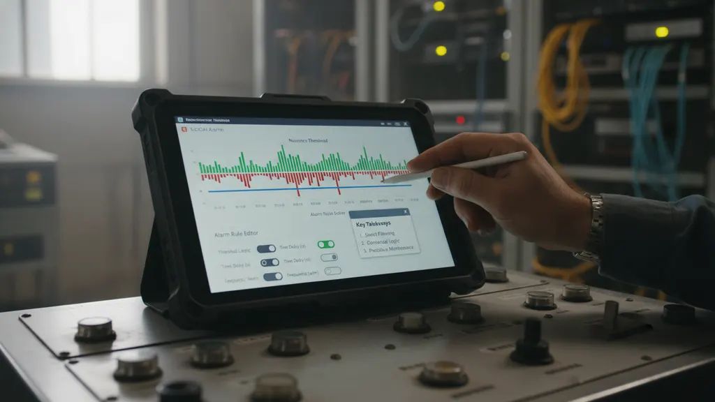 Solar SCADA control room screen showing nuisance alarm queue overflow during a cloud-edge irradiance event