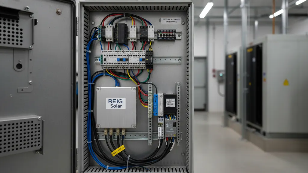 Engineer assembling solar SCADA commissioning witness pack binder at a utility-scale plant control room desk