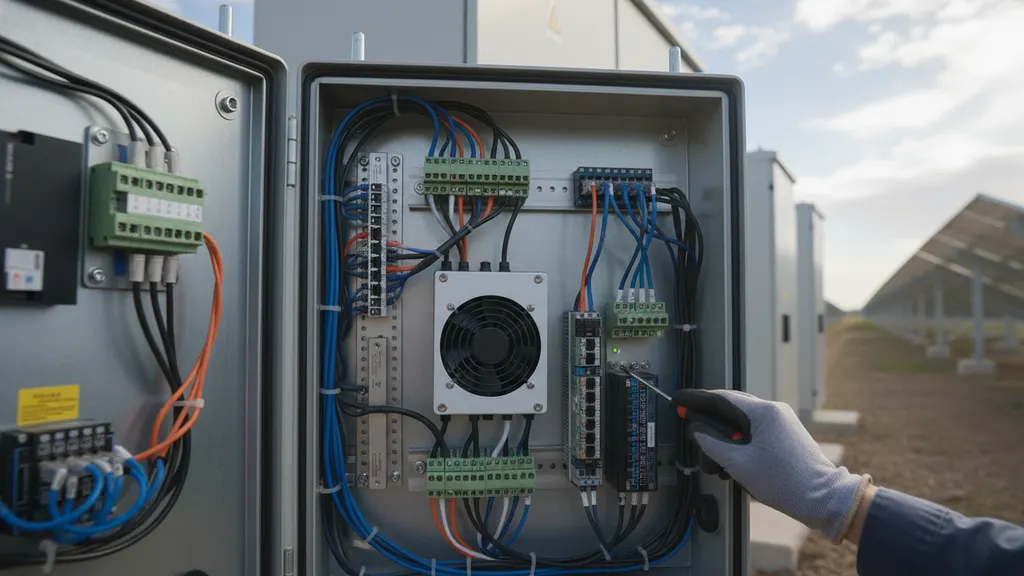 Point-to-point testing matrix on a laptop during solar SCADA commissioning sequence at a solar inverter pad