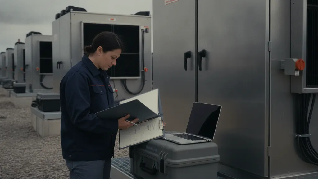Control room operator reviewing utility-scale solar SCADA monitoring screens and inverter block network status