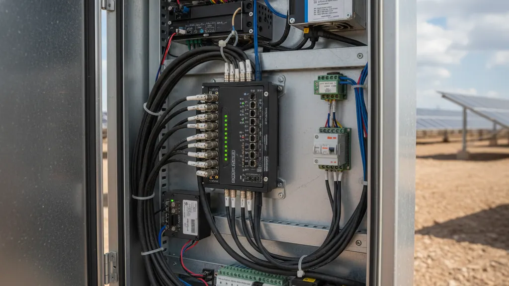 O&M technician reviewing utility-scale solar plant alarm dashboard on a tablet before dispatching to the inverter block in the field