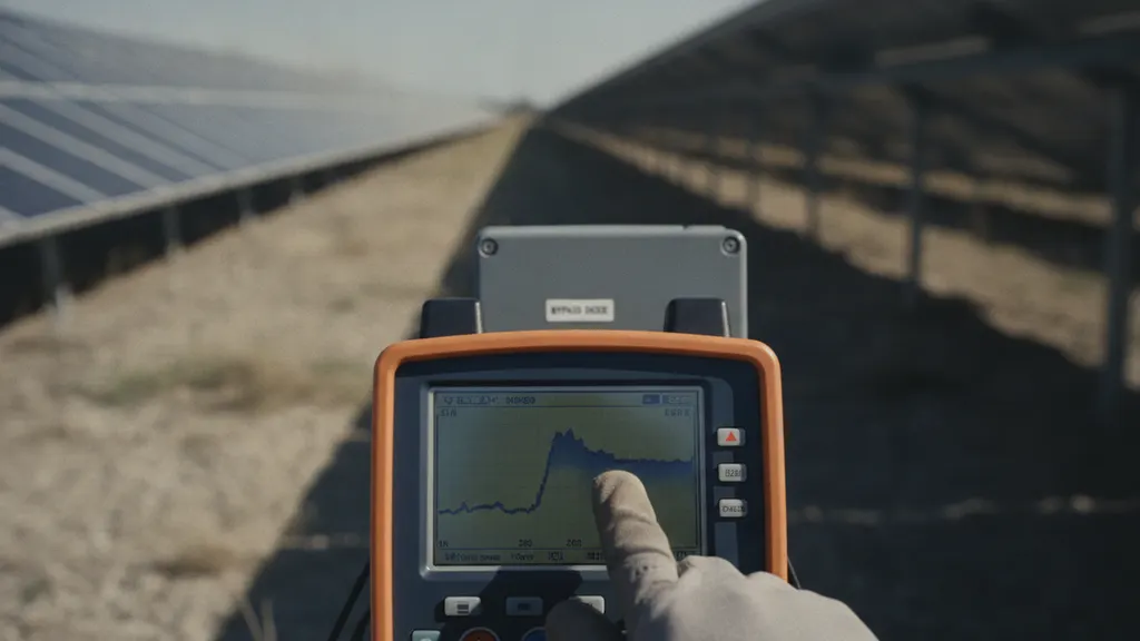 Field engineer performing solar string IV curve trace on utility-scale PV combiner with handheld tracer instrument