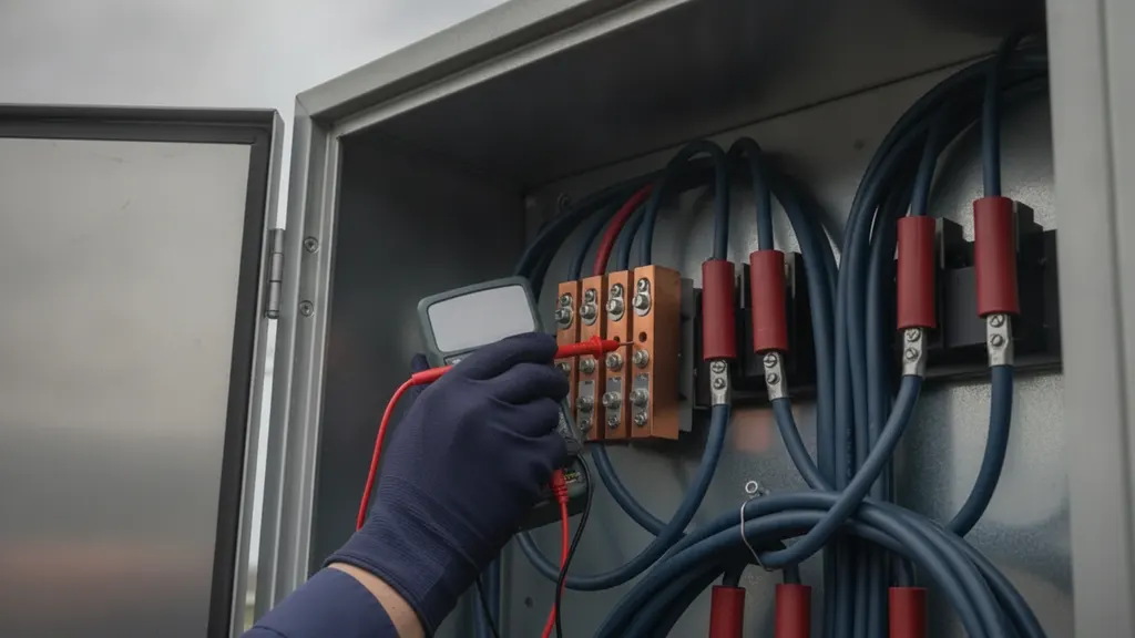 Relay technician performing secondary injection on a solar substation breaker failure protection relay panel