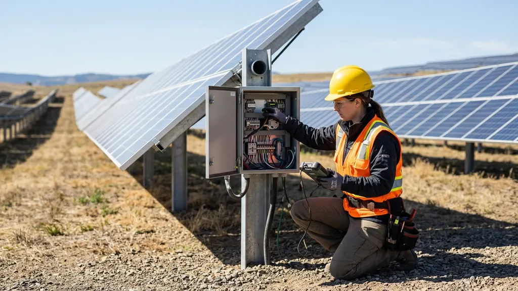 SCADA operator HMI showing row-level tracker tag map with fault states, backtracking mode, and stow status during a utility-scale solar plant commissioning end-of-line sweep