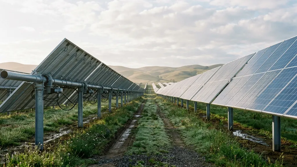 Aerial view of a utility-scale single-axis solar tracker array connected to plant SCADA across a large North American photovoltaic site