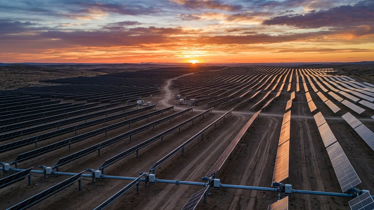 Aerial view of a utility-scale single-axis solar tracker array connected to plant SCADA across a large North American photovoltaic site