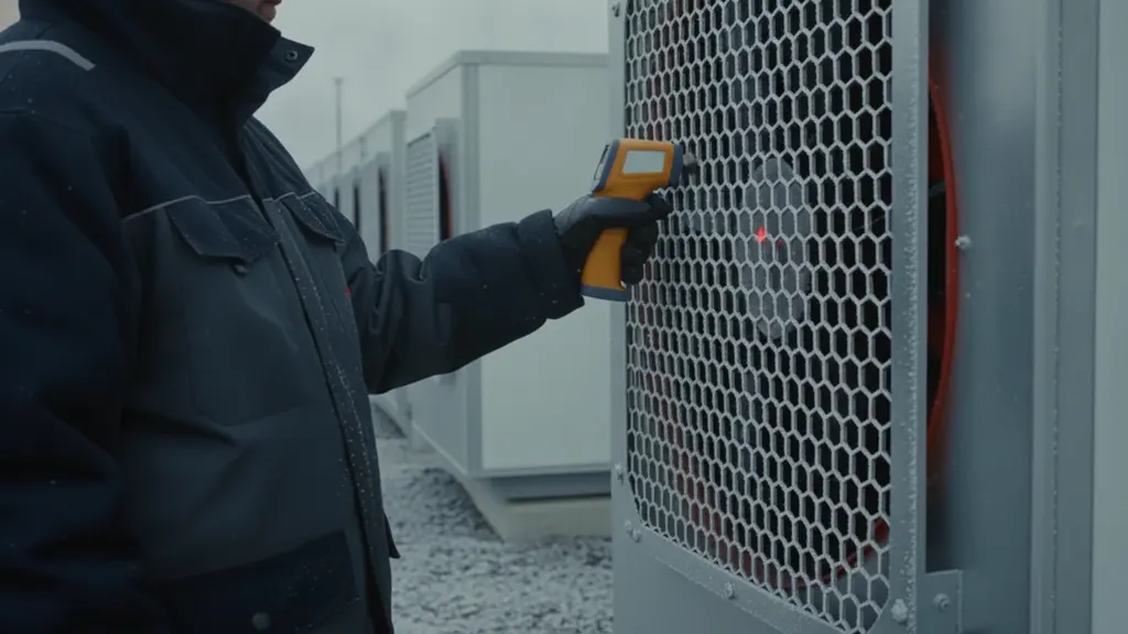 Technician logging cell temperature and state of charge data during a utility-scale BESS capacity test discharge run at a solar plant