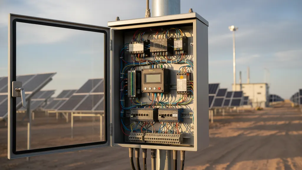 Engineer reviewing a DAS gateway showing Modbus TCP and IEC 61850 protocol streams from utility-scale solar inverters