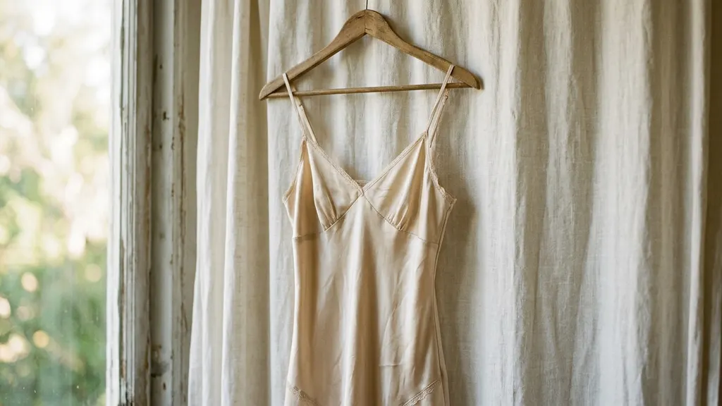 Close-up of a hand-rolled hem on a vintage 1990s silk slip dress showing single-needle stitching