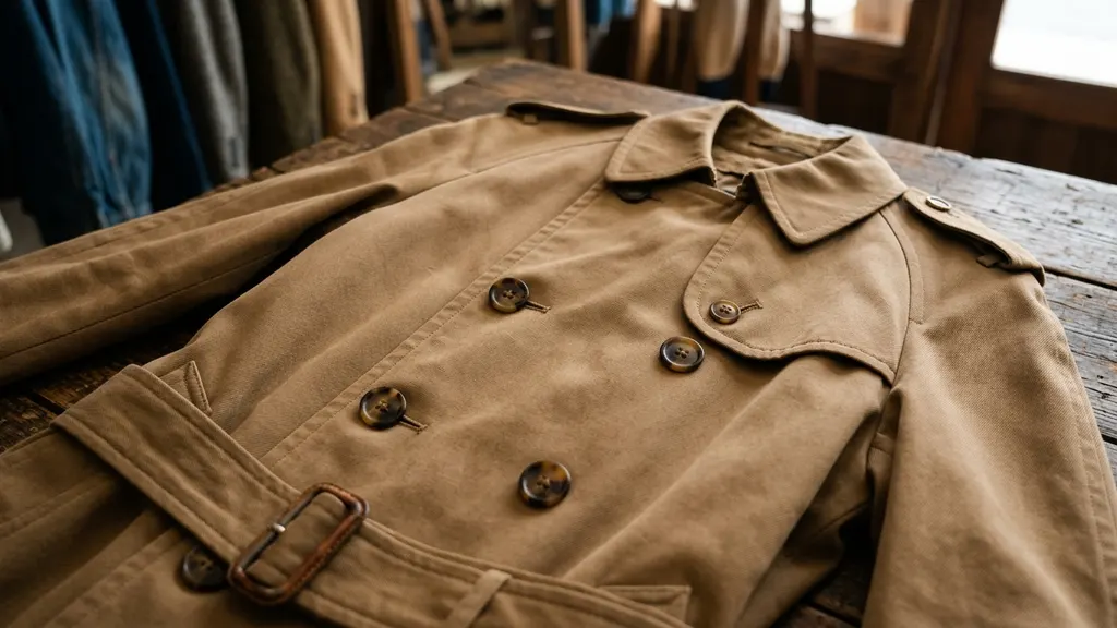 Close-up of a 1960s vintage Burberry trench coat label with woven rayon thread