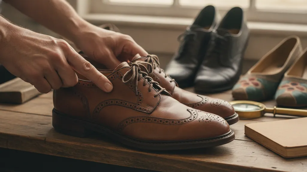 Three pairs of vintage leather shoes turned sole up on cream paper showing welt stitching and heel wear