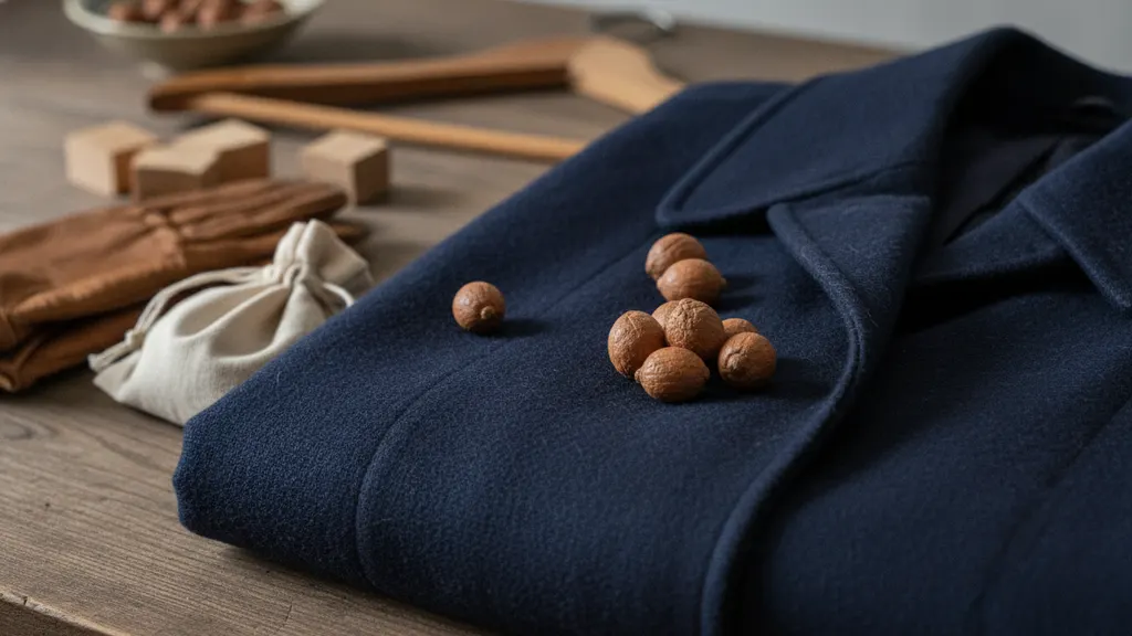 Hands using a horsehair brush on a folded 1970s vintage wool coat in soft natural light