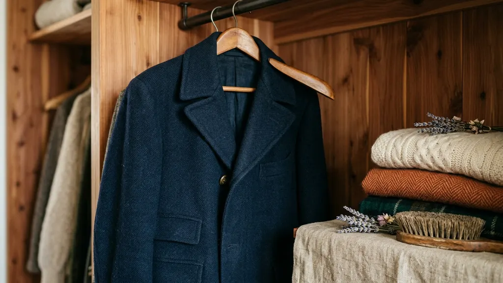 Vintage wool coat on a wide padded wooden hanger inside a breathable cotton garment bag, with cedar blocks and lavender sachets on the closet shelf beside it
