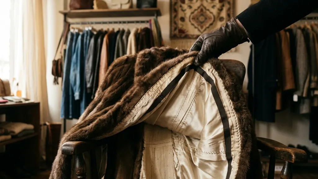 Close-up of acetate lining with woven monogram in a 1960s vintage fur coat