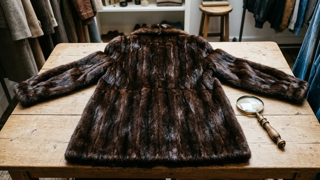 Detail of horizontal let-out pelt seams in a 1972 vintage mink fur coat lining inspection