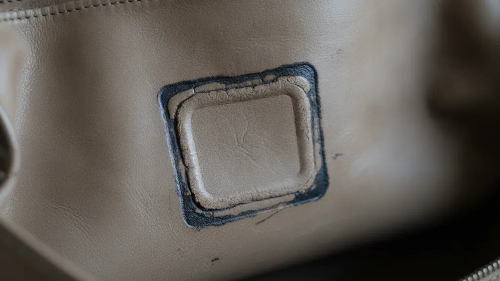 Close-up of a heat-burned Coach style number stamp sinking below the leather grain on a pre-1971 New York City bag interior
