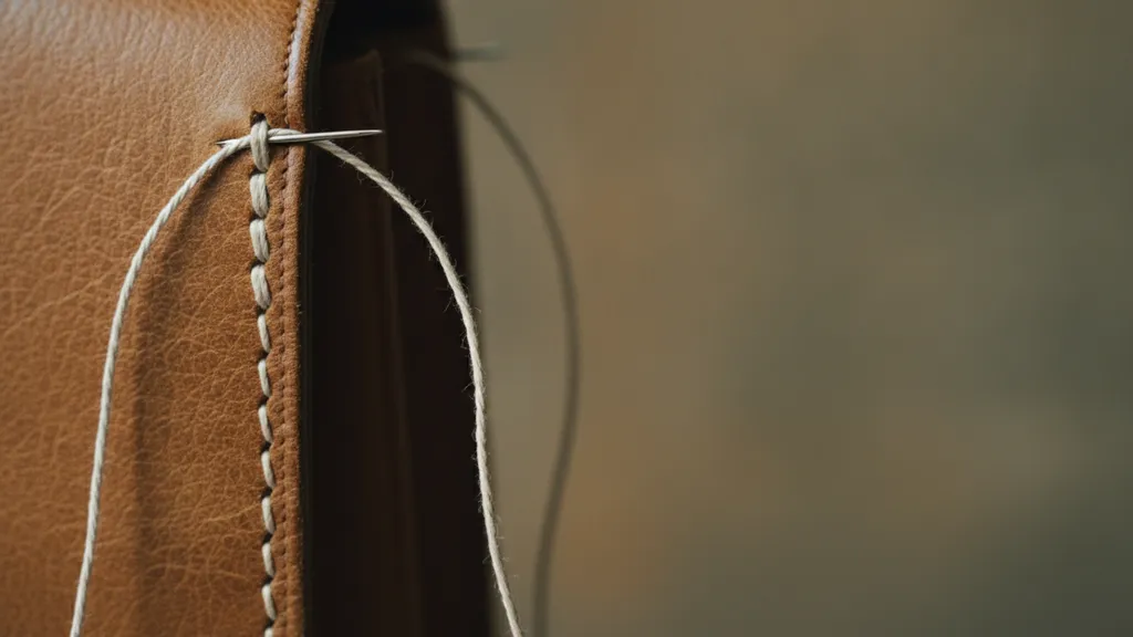 Magnified saddle-stitch detail on a 1960s leather handbag showing hand-pulled two-needle cotton thread at 8 to 10 stitches per inch