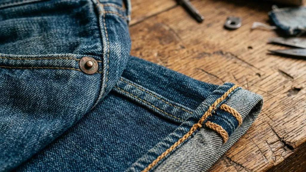 Vintage 1970s bell-bottom Levi's denim laid flat showing the full flare silhouette