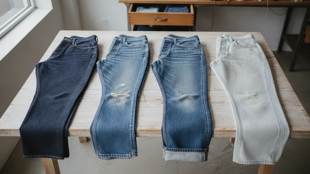 Vintage 1970s bell-bottom Levi's denim laid flat showing the full flare silhouette