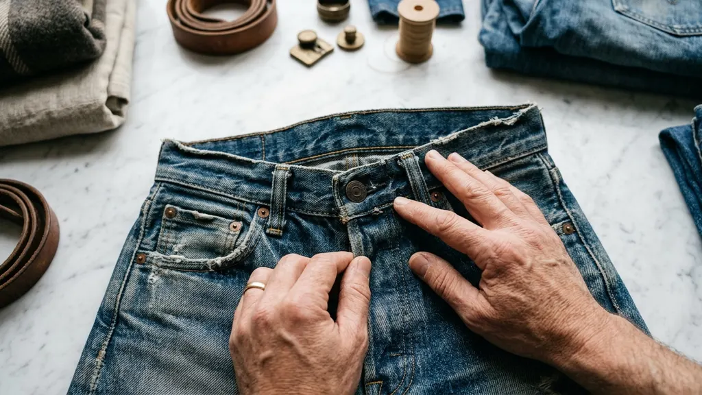 Side-by-side comparison of single-stitch and double-stitch outseams on vintage Levi's 501 denim jeans