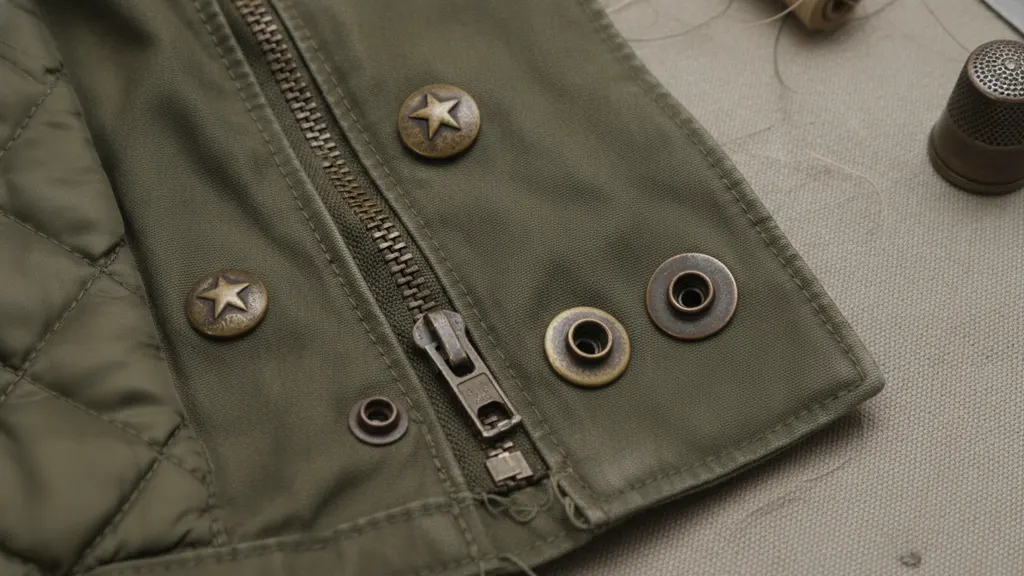 Olive vintage military field jacket laid flat showing the M-65 contract label and four patch pockets