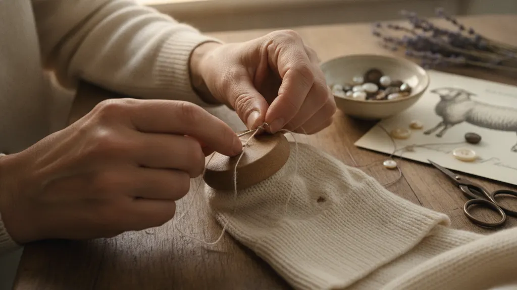 Hands darning a moth hole in a cream vintage wool sweater with matched yarn stretched over a wooden darning mushroom