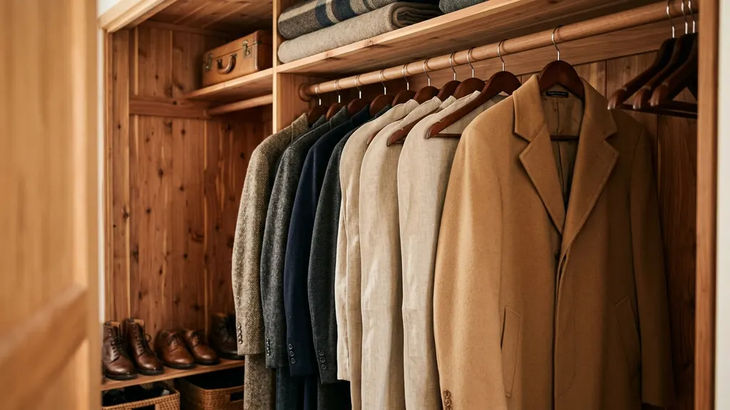 A row of vintage shearling and fur coats hanging on padded wooden hangers inside unbleached muslin garment bags in a cool dim archival closet