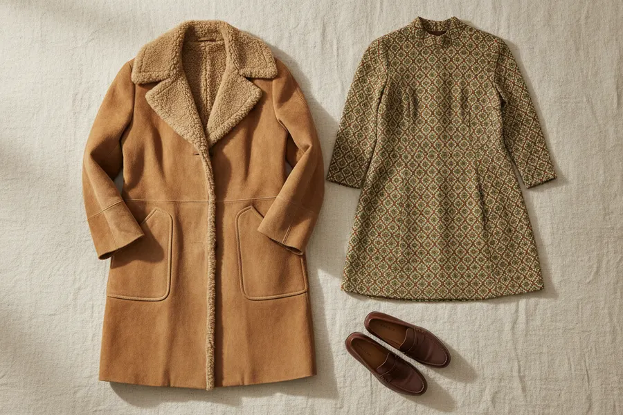 Flat lay of a 1970s suede coat next to a 1960s shift dress and modern leather loafers, showing decade-adjacent era pairing that reads as cohesive rather than costume