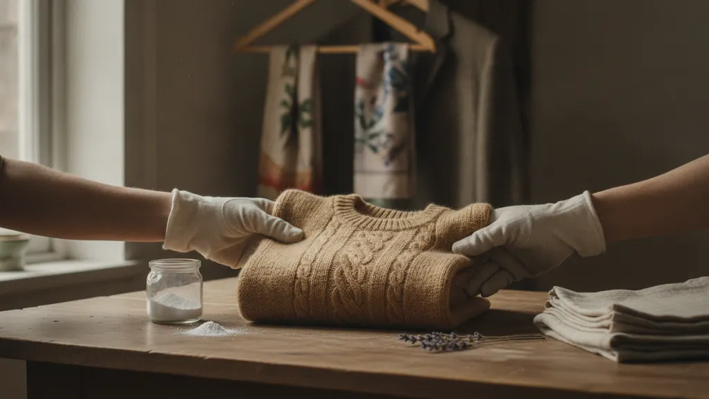 Vintage shearling coat hanging in open shade with cotton charcoal sachets beside it for safe musty odor removal