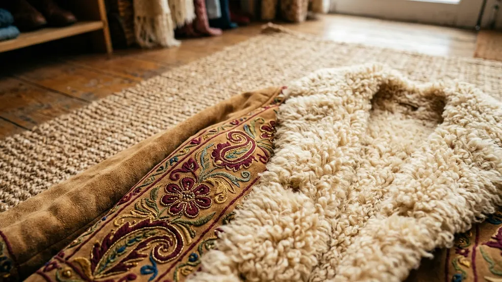 Reverse side of embroidered panel on a vintage Afghan coat showing knotted silk thread tails and hand-stitched tension variations