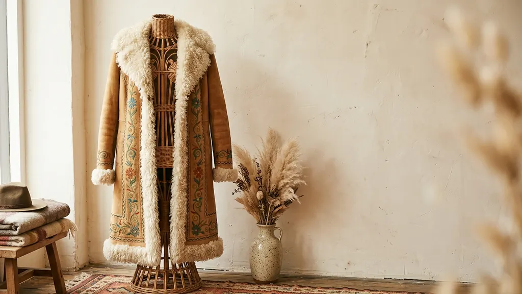 Wide padded hanger supporting a vintage Afghan coat inside a breathable cotton garment bag against a pale wardrobe interior